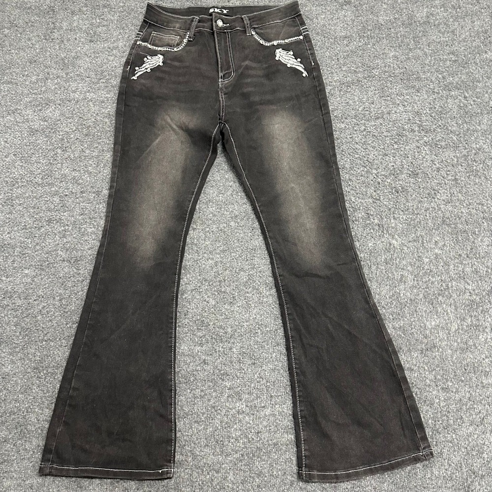 Sky Jeans Womens Size 11 Black Flare Rhinestone Embellished Wing Contrast Stitch
